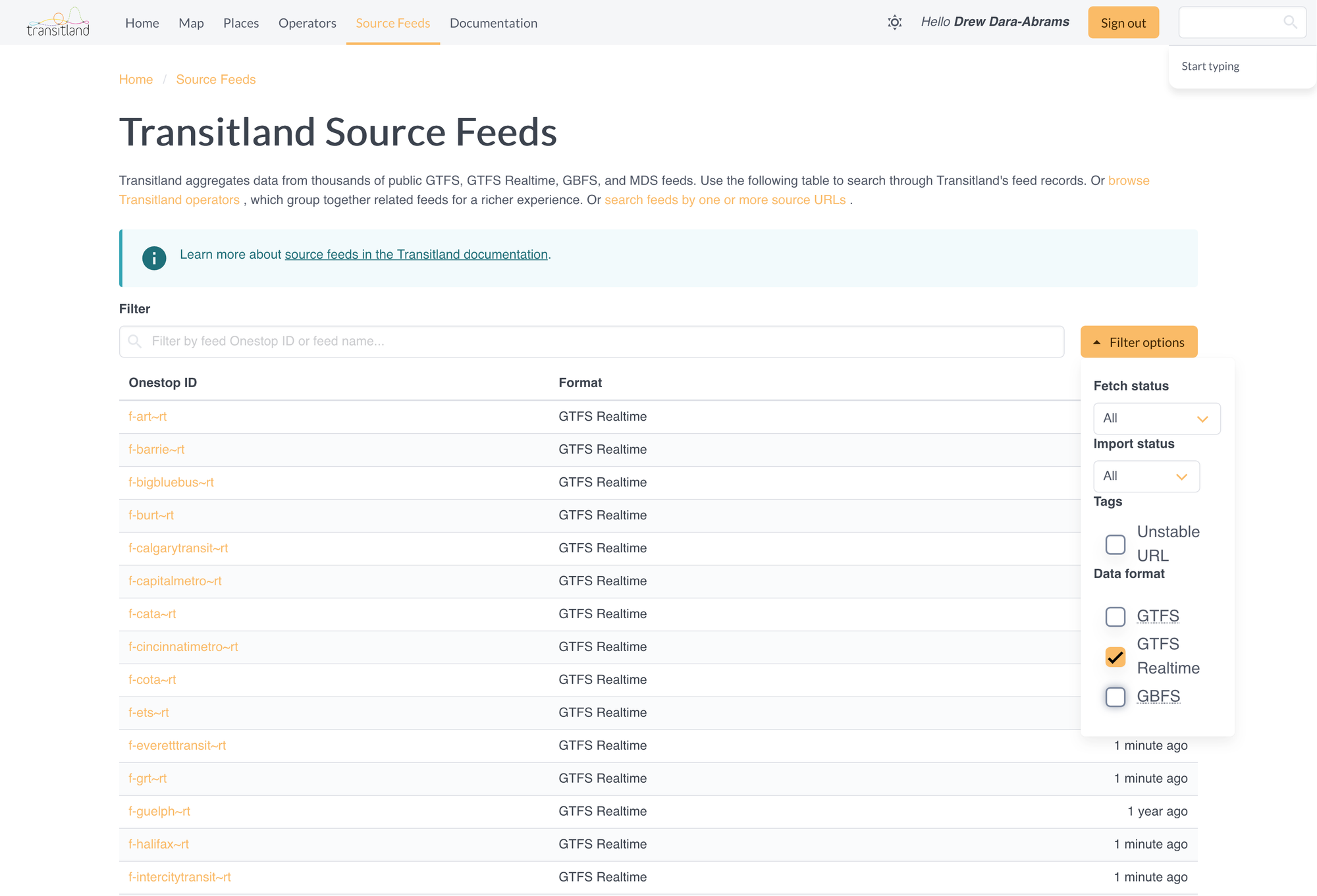 browsing Transitland website for GTFS Realtime feeds