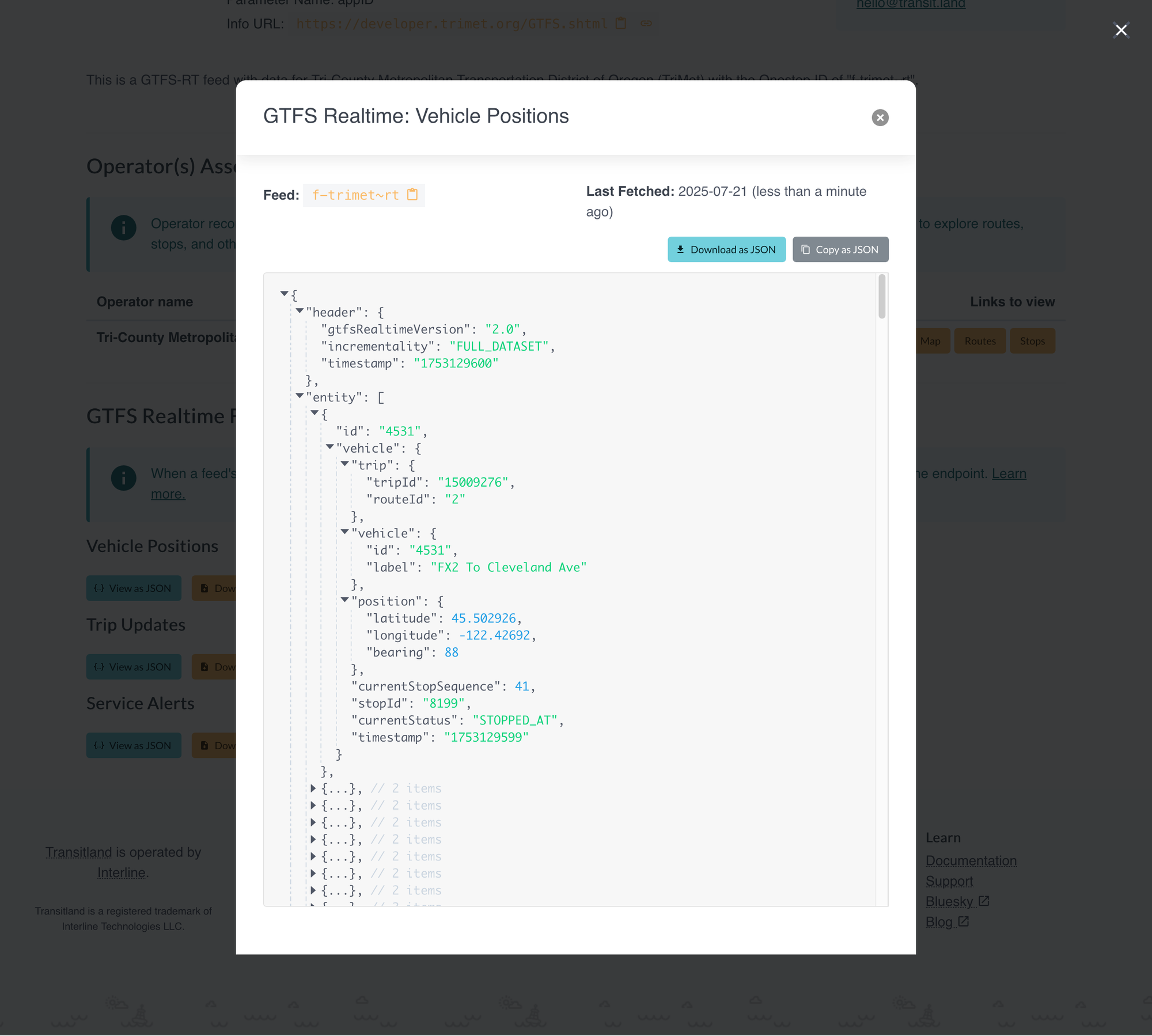 Interactive JSON viewer for TriMet GTFS Realtime vehicle positions feed