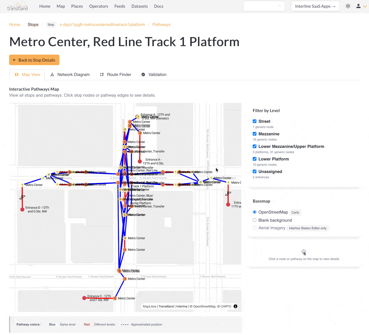 animation of using Transitland to explore pathways on the underground Metro Center subway station in Washington, D.C.