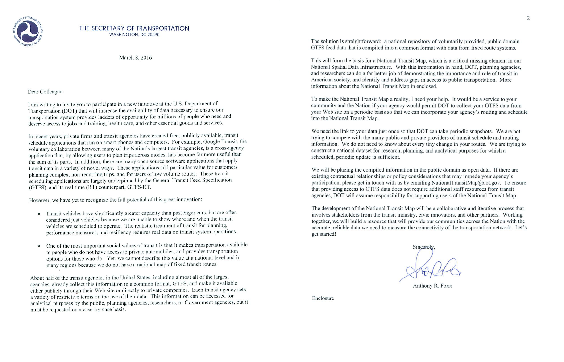 two-page letter written on US Department of Transportation letterhead addressed 'dear colleague'