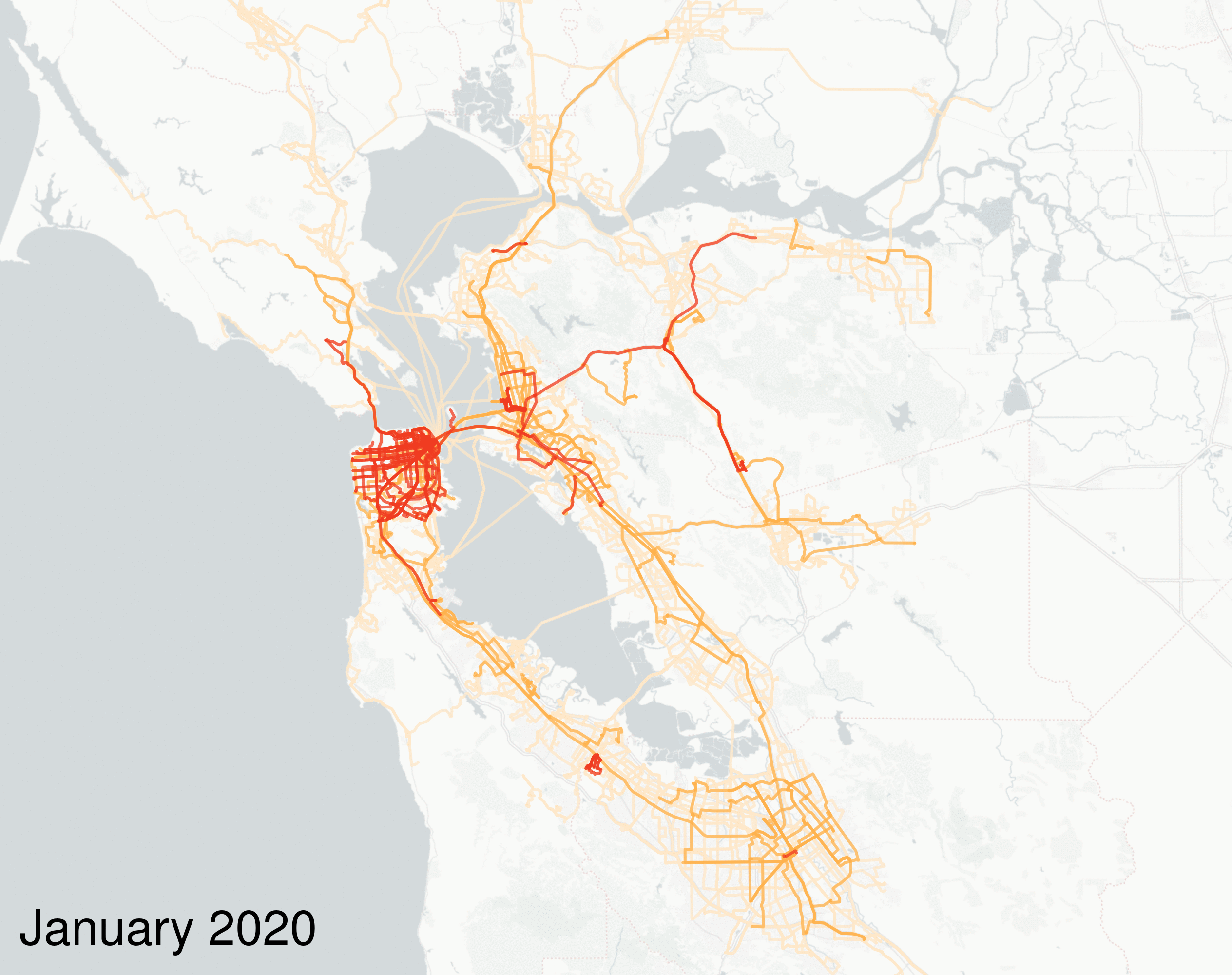Animated series of maps showing bus, train, and ferry route lines throughout the Bay Area with the lines given different weights to show which routes provide the most frequent service