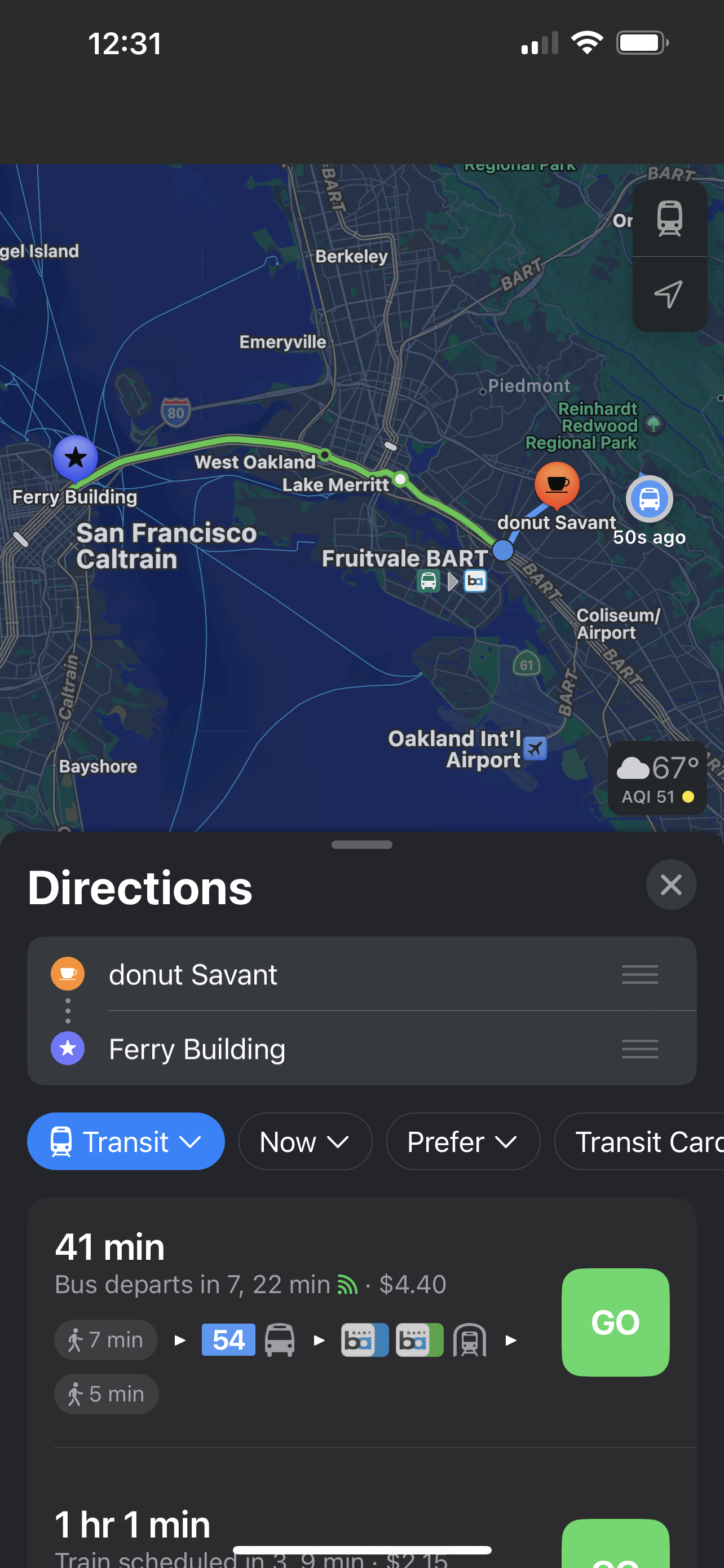 screenshot of an iPhone showing a map of a transit journey from Oakland to San Francisco costing $4.40