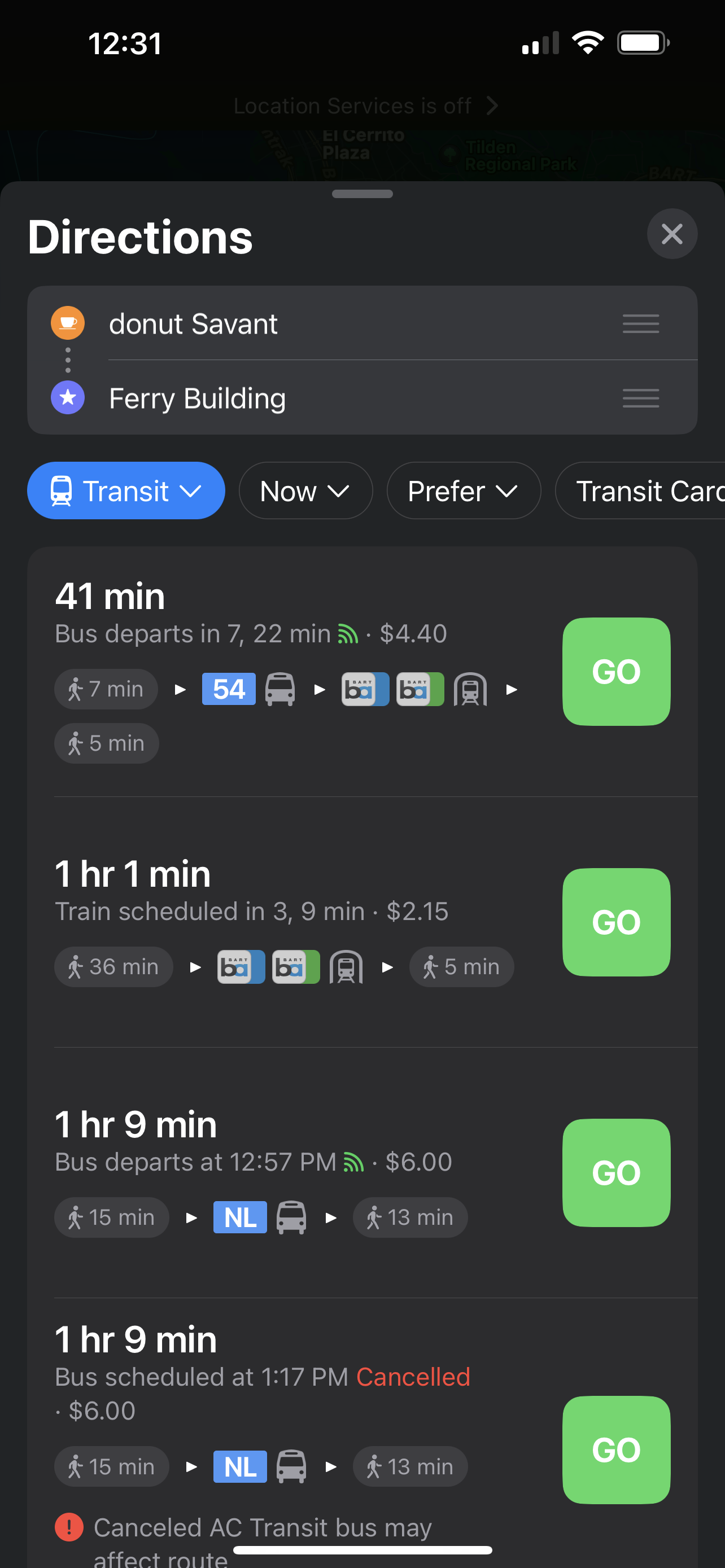 screenshot of an iPhone showing a list of different transit options that range from $2.15 to $6.00 