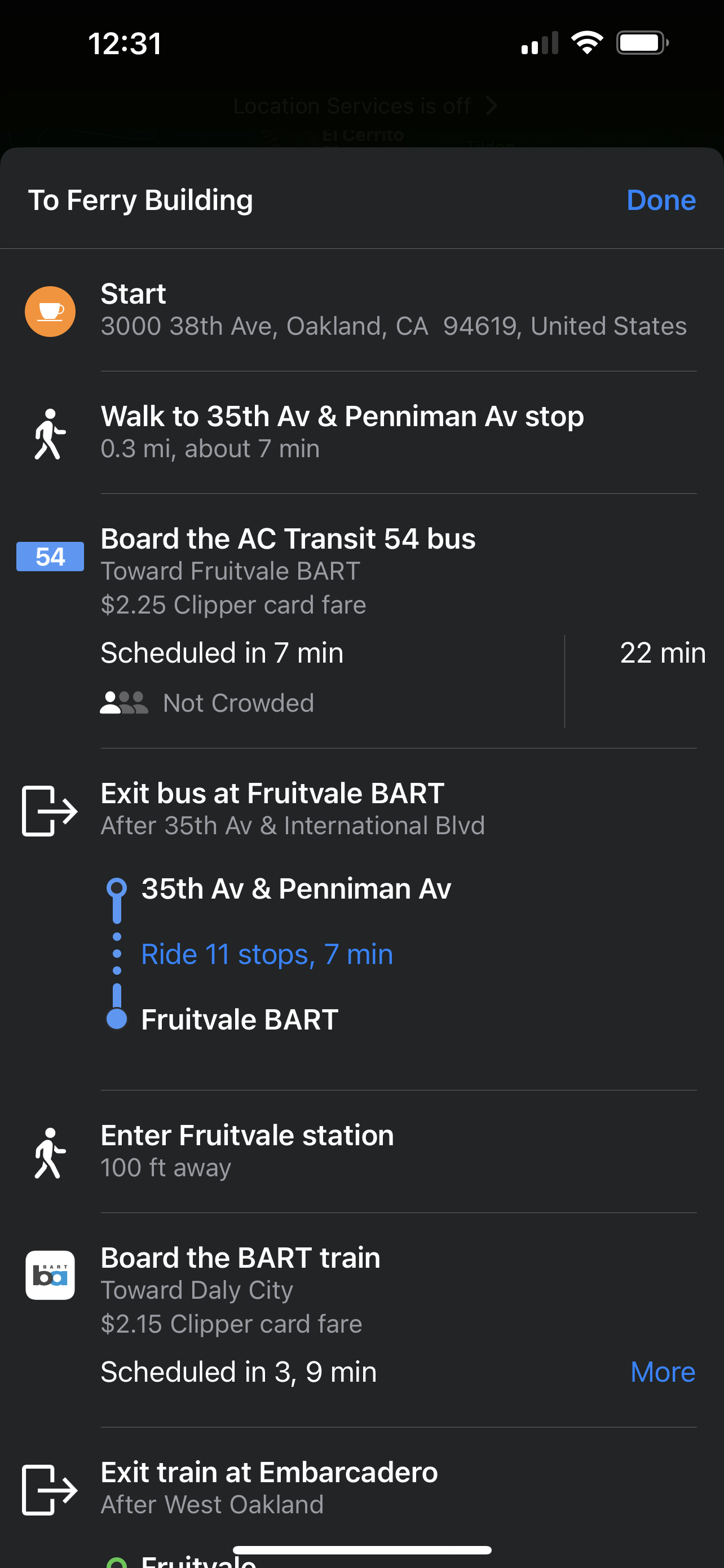 screenshot of an iPhone showing the itinerary of a transit journey with the first leg costing $2.25 in Clipper Card fare and the second leg costing $2.15 in Clipper Card fare