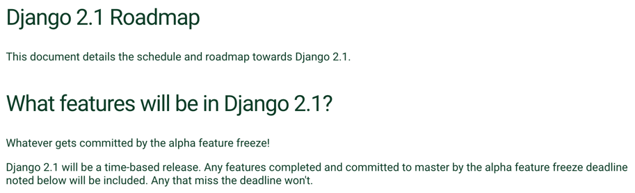 screenshot of the Django 2.1 roadmap webpage