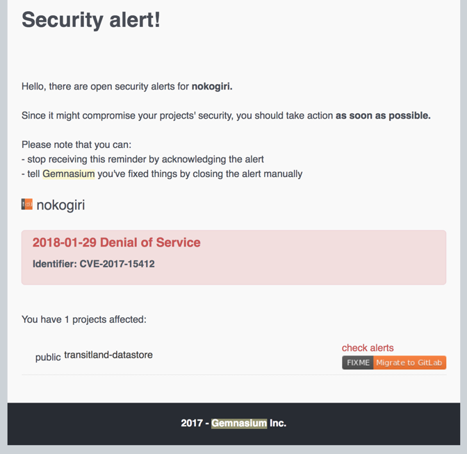 screenshot of a dependency security alert