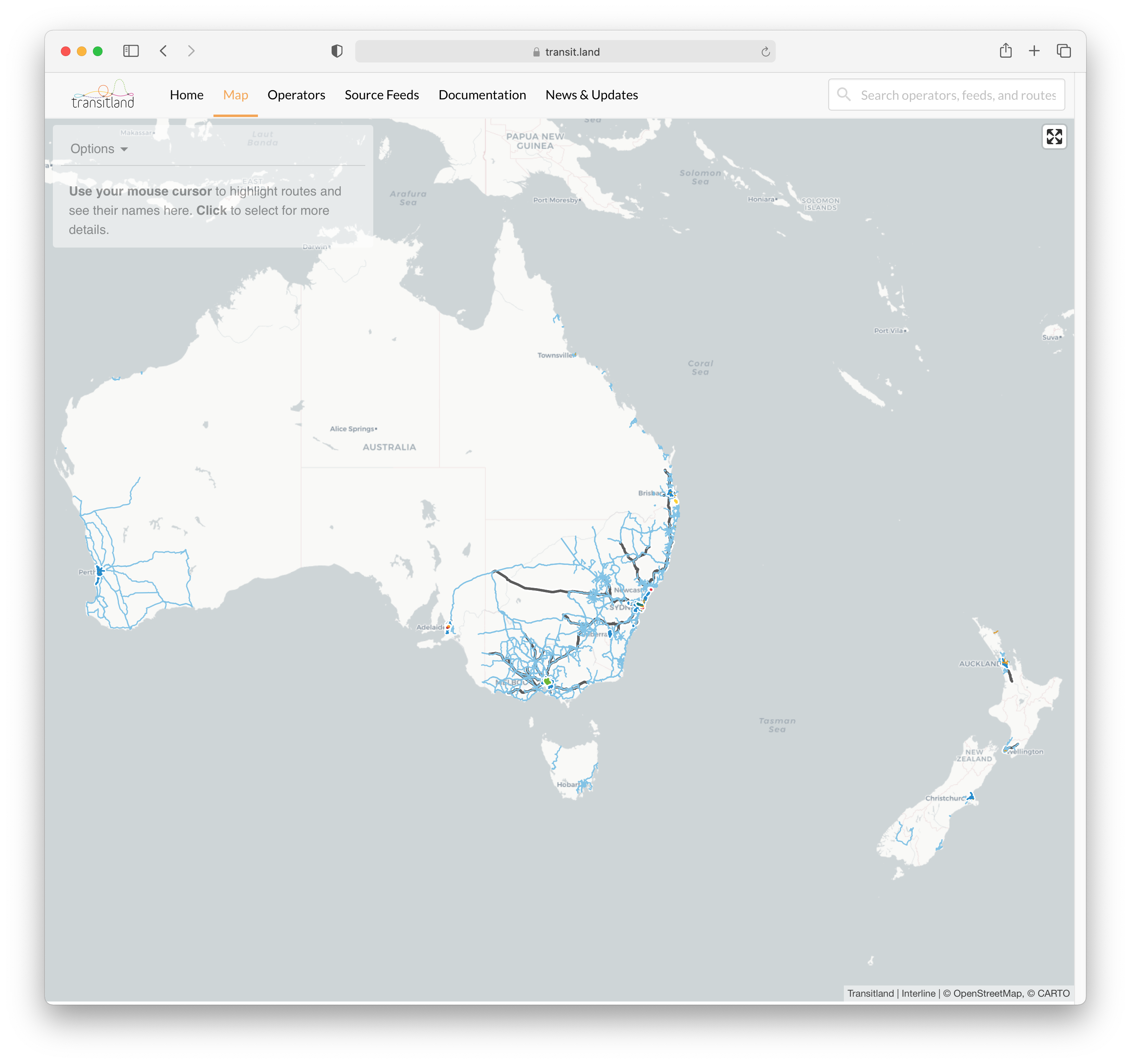 screenshot of Transitland global transit map showing bus, train, subway, and ferry routes across Australia and New Zealand
