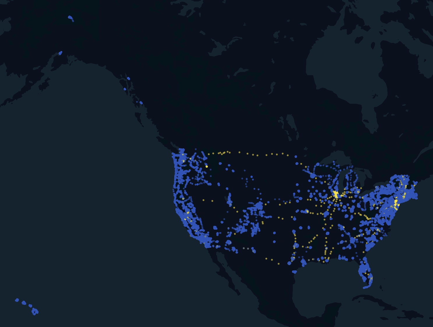animated map of stop points across the continental United States, Hawaii, and Alaska