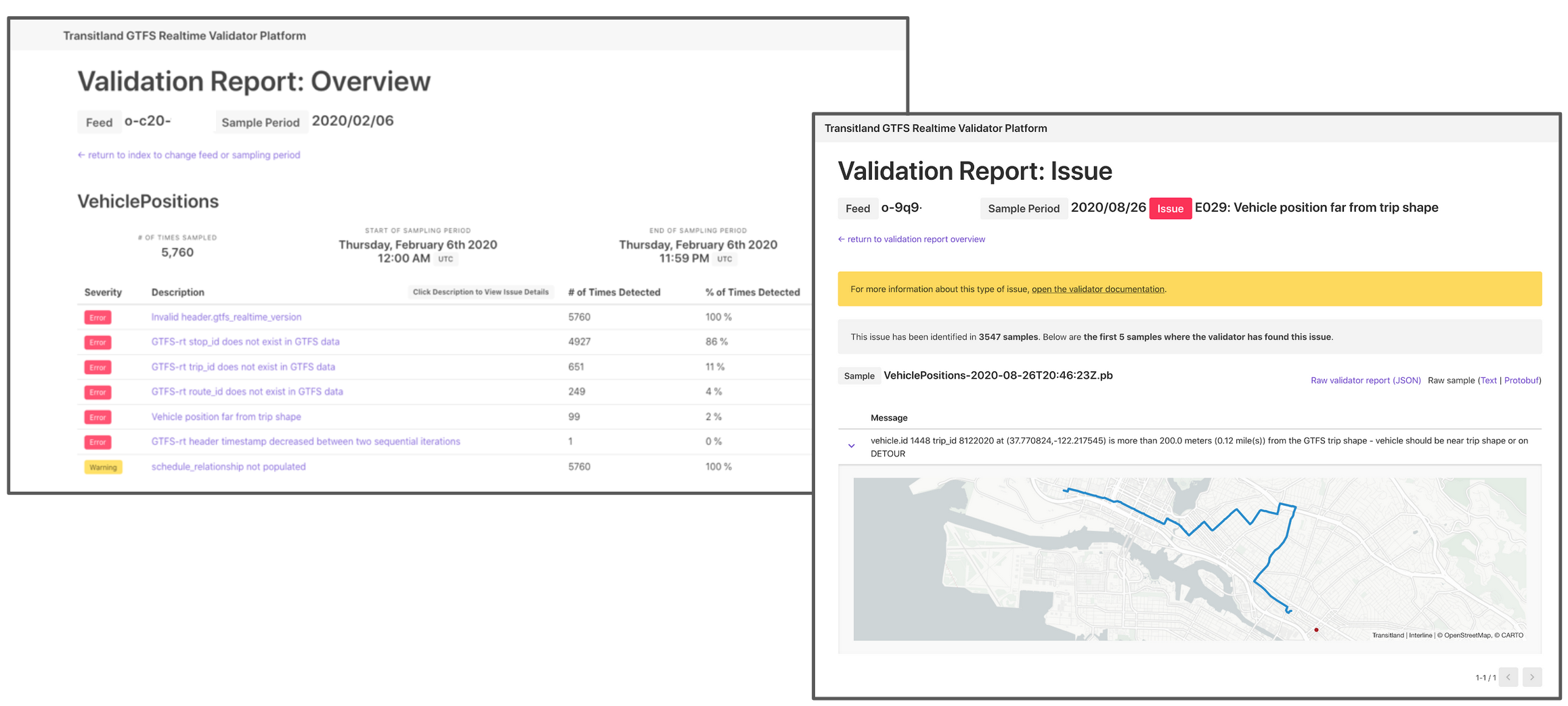 screenshots of the Transitland GTFS Realtime validation reports