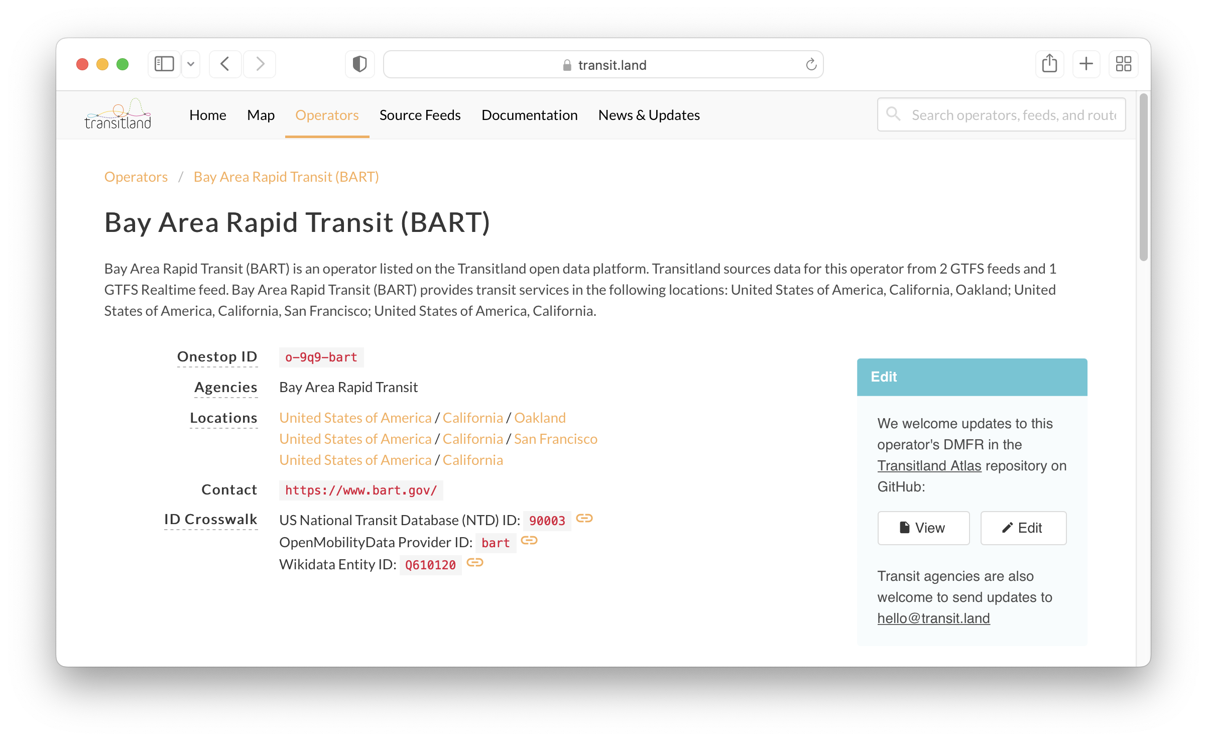 screenshot of BART operator detail page listing its US NTD ID